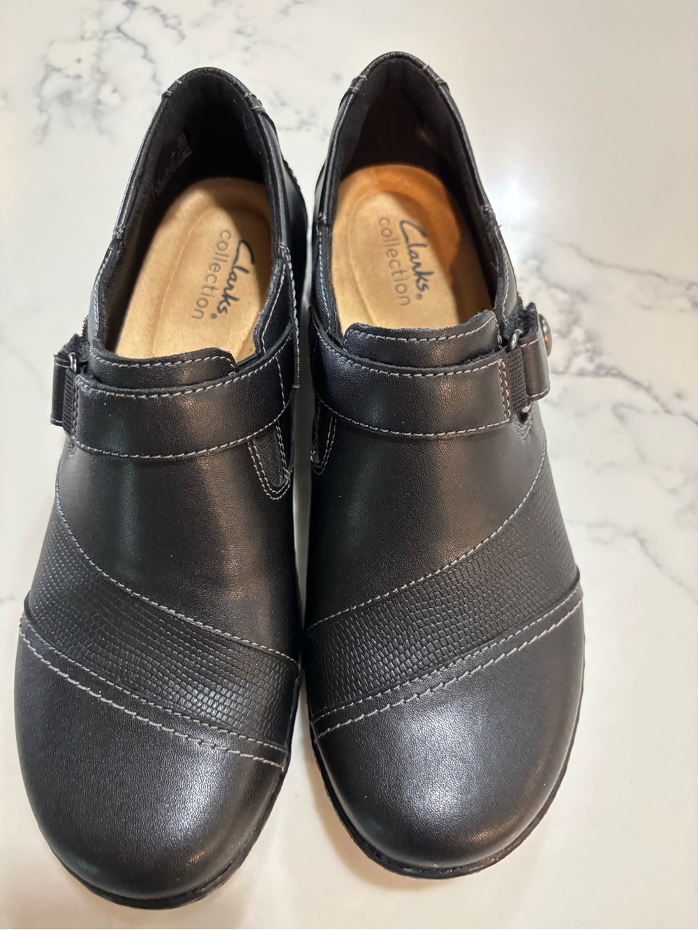 Clarks Women's Black Leather Slip-On Loafer with Buckle Accent